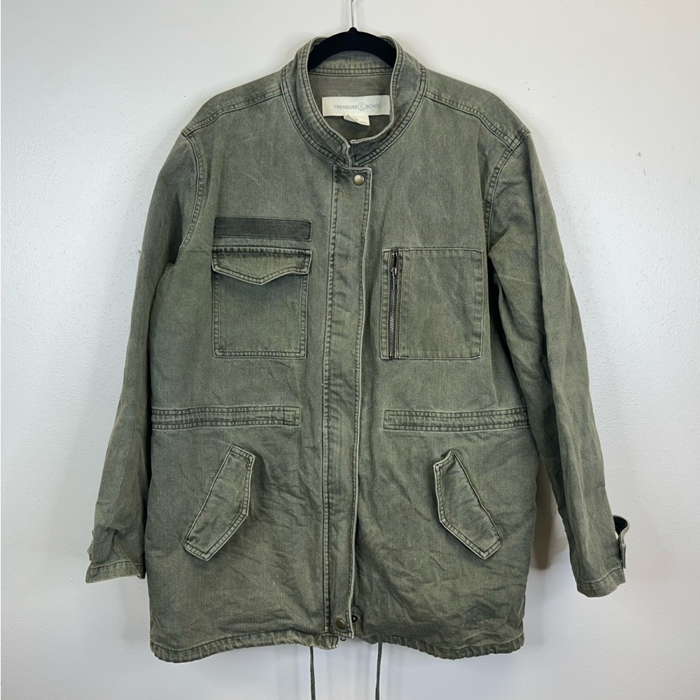 Green Utility Jacket Mens XL Pockets Full Zip Outdoor Barn Farm Military Style - Picture 2 of 15